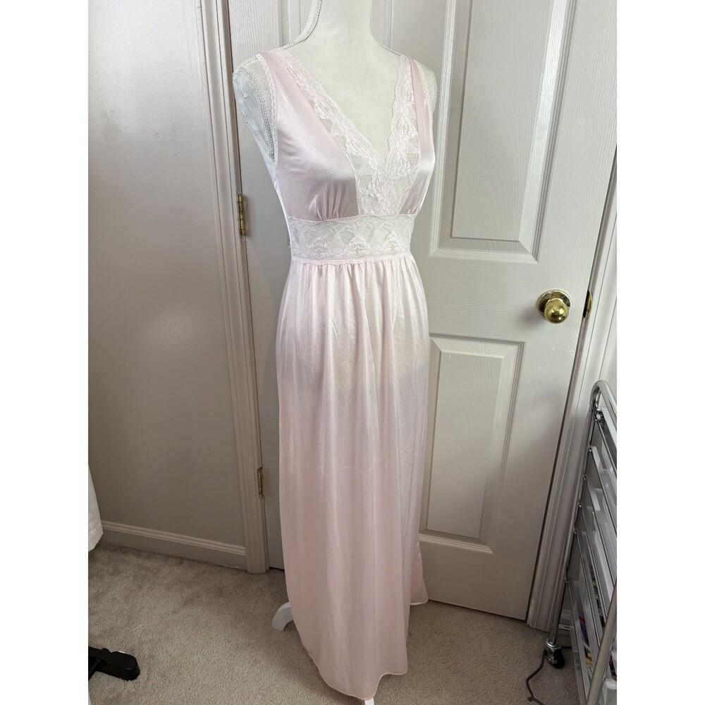 Pink Slip Gown Maxi VTG Nylon Slip Dress White Lace Halter V Neck Coquette 549